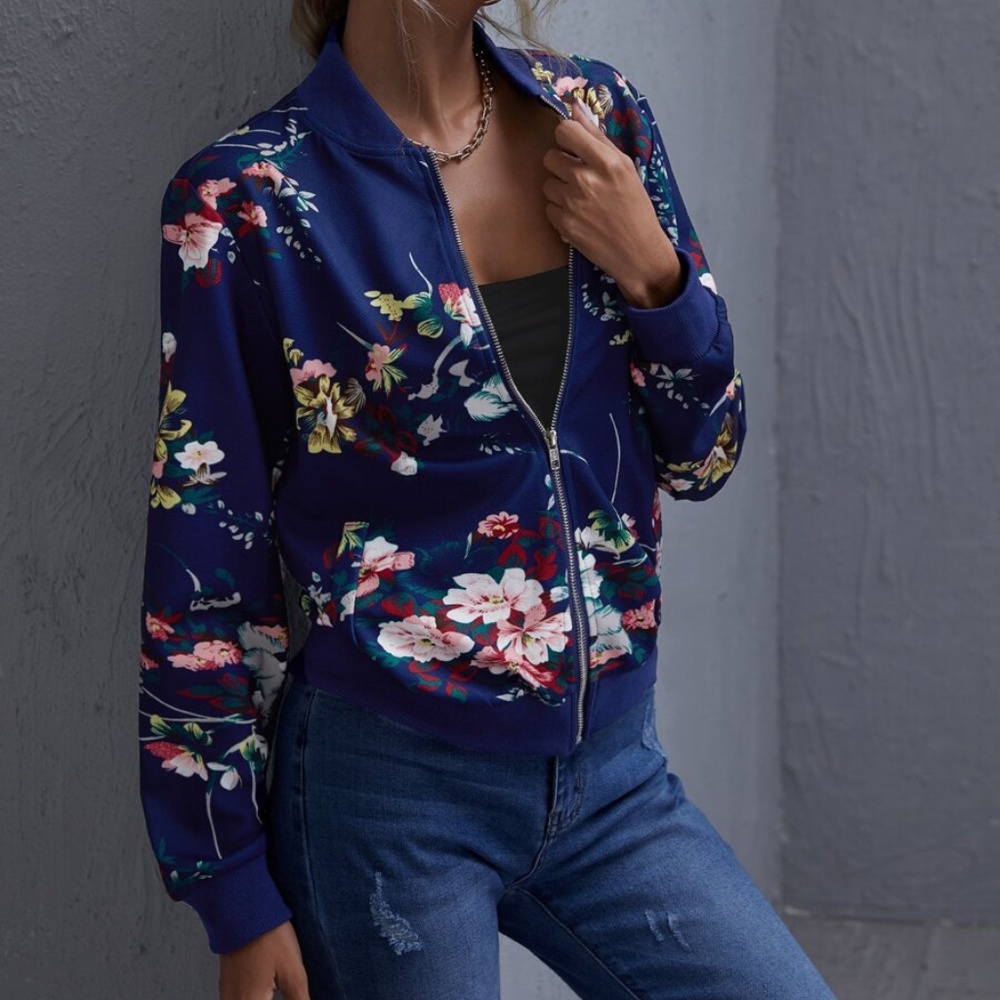 Boho Burgundy Floral  Zipper Light Bomber Jacket - Picture 5 of 5